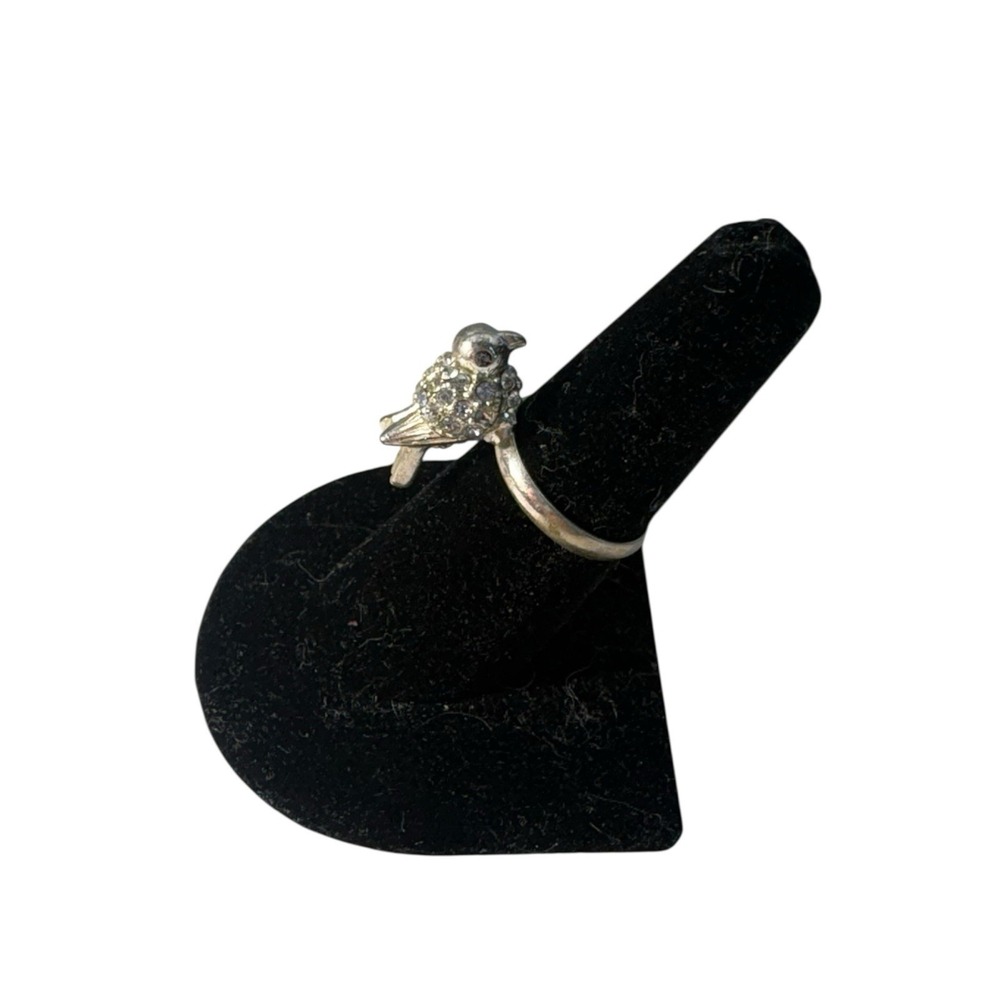 Vintage Silver Tone Sparkly Rhinestone Perched Songbird Bird Size 7 Ring